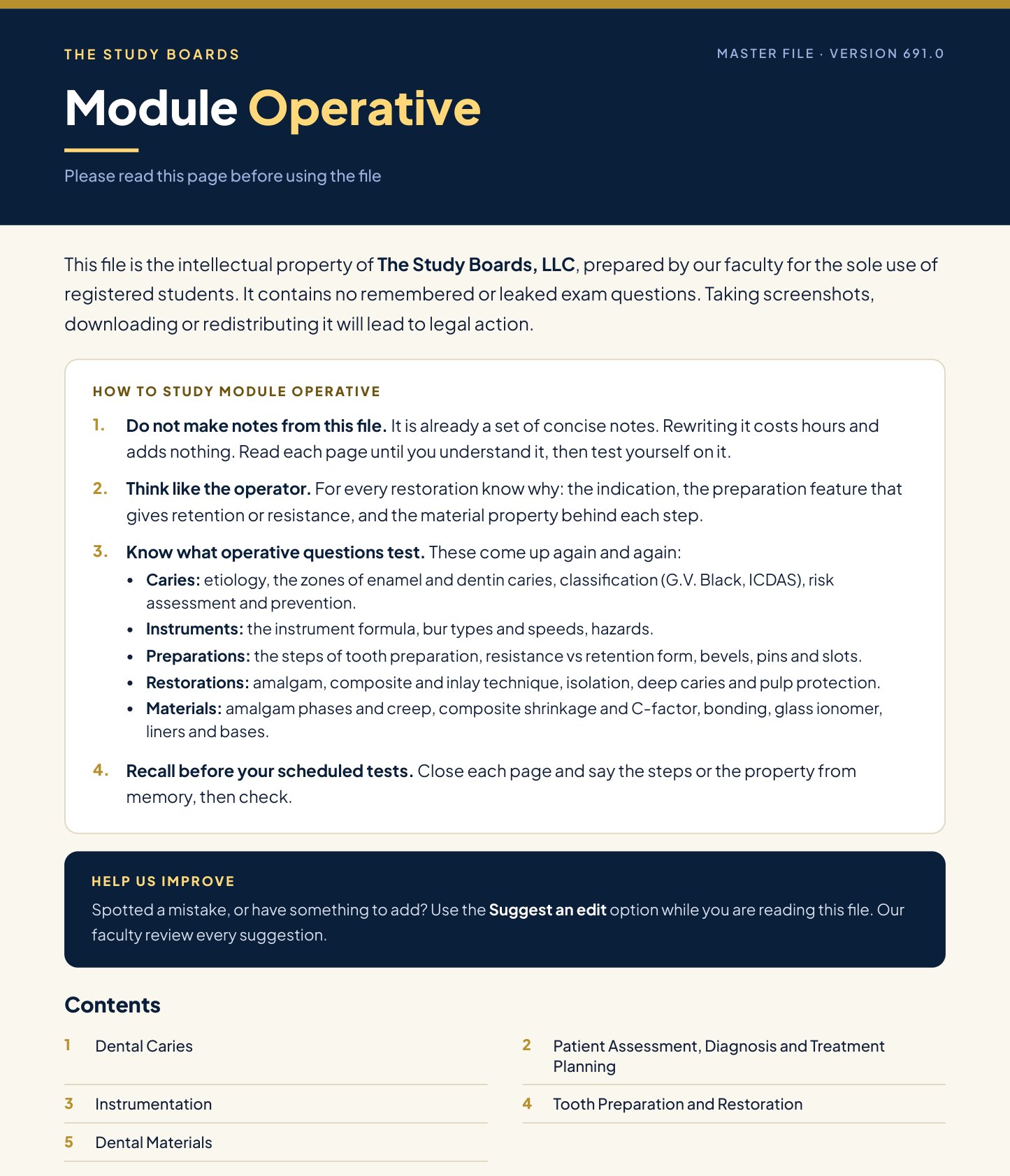 Cover and contents page of the Study Boards Operative Module